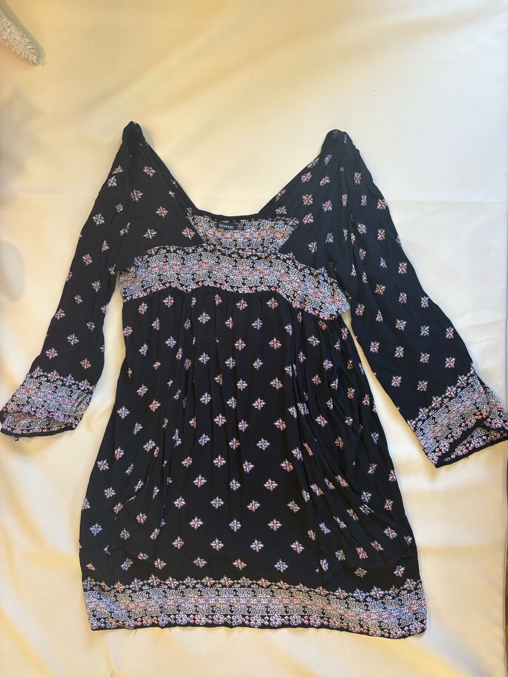 Boohoo Black Floral Border Boho Tunic Dress